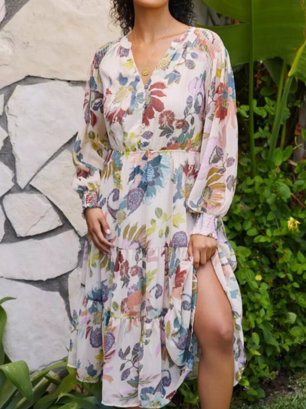 Anthropologie Sarah Hann Cream Floral Tiered Midi Dress with Multi-Color Print